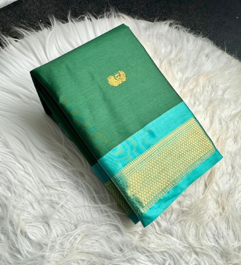 Women's Cotton Silk Solid Saree With Unstitched Blouse - 5.5 Mtr (Dark Green-Turquoise) - POPNOVA saree