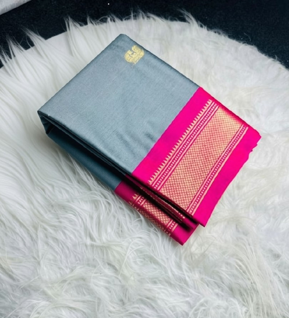 Women's Cotton Silk Solid Saree With Unstitched Blouse - 5.5 Mtr (Grey-Pink) - POPNOVA saree