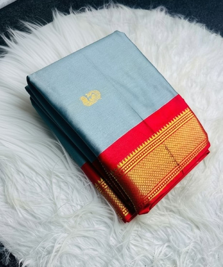 Women's Cotton Silk Solid Saree With Unstitched Blouse - 5.5 Mtr (Grey-Red) - POPNOVA saree