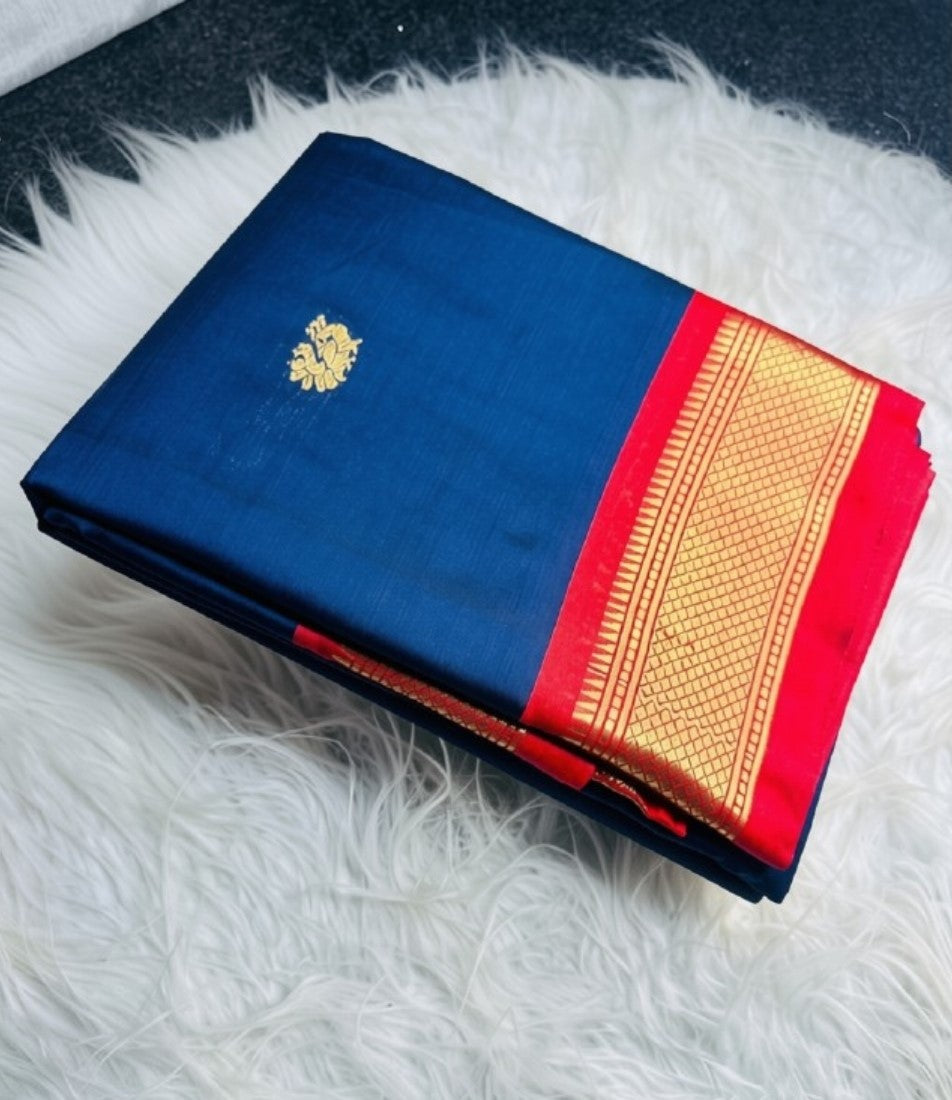 Women's Cotton Silk Solid Saree With Unstitched Blouse - 5.5 Mtr (Navy Blue-Red) - POPNOVA saree