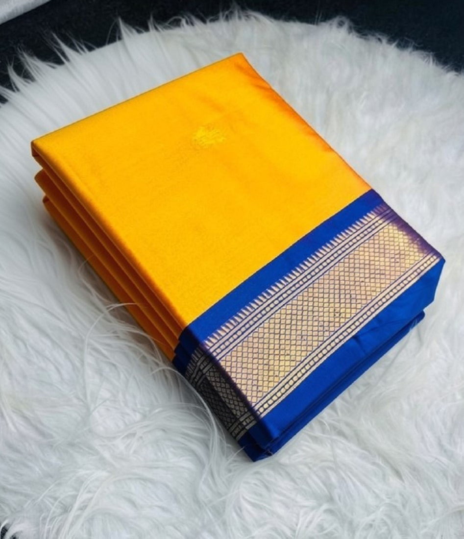 Women's Cotton Silk Solid Saree With Unstitched Blouse - 5.5 Mtr (Yellow-Blue) - POPNOVA saree