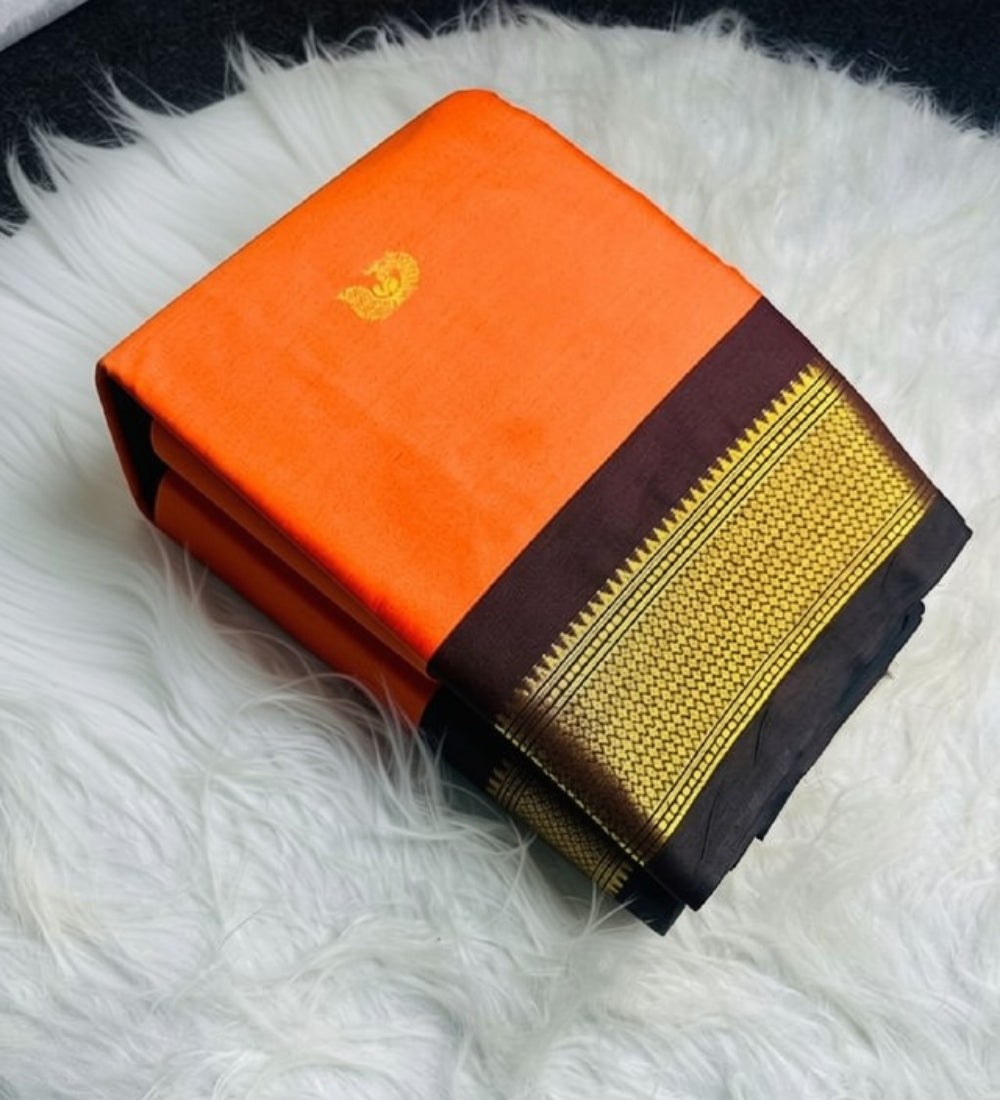 Women's Cotton Silk Solid Saree With Unstitched Blouse - 5.5 Mtr (Orange-Brown) - POPNOVA saree