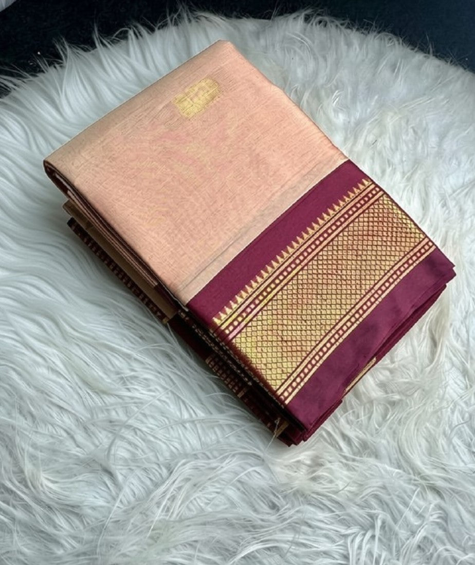 Women's Cotton Silk Solid Saree With Unstitched Blouse - 5.5 Mtr (Peach-Maroon) - POPNOVA saree