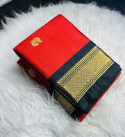 Women's Cotton Silk Solid Saree With Unstitched Blouse - 5.5 Mtr (Red-Black) - POPNOVA saree
