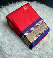 Women's Cotton Silk Solid Saree With Unstitched Blouse - 5.5 Mtr (Red-Blue) - POPNOVA saree