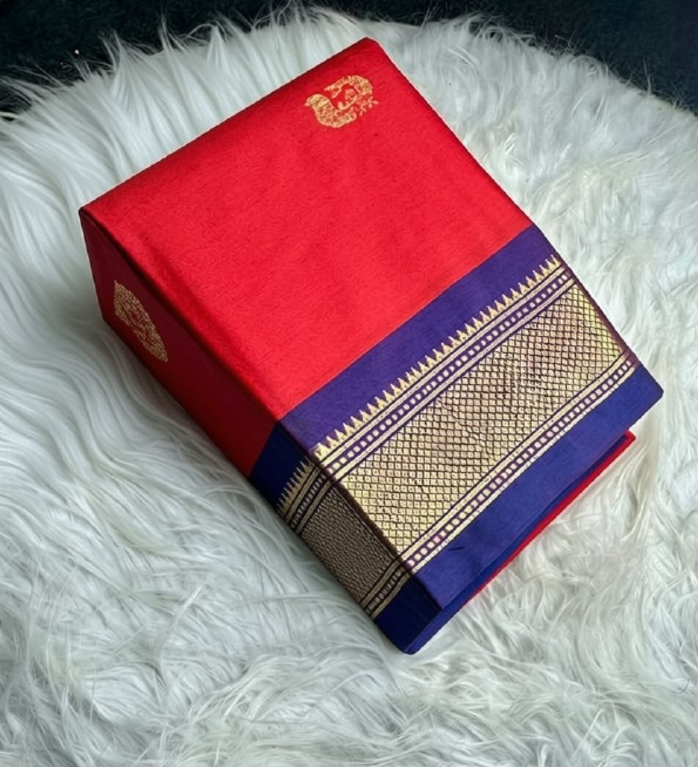 Women's Cotton Silk Solid Saree With Unstitched Blouse - 5.5 Mtr (Red-Blue) - POPNOVA saree