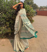 Women's Linen Printed Saree With Unstitched Blouse - 5.5 Mtr (Off White) - POPNOVA saree