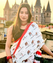 Women's Linen Printed Saree With Unstitched Blouse - 5.5 Mtr (White-Red) - POPNOVA saree