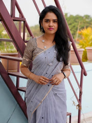 Women's Linen Striped Saree With Unstitched Blouse - 5.5 Mtr (Grey) - POPNOVA saree