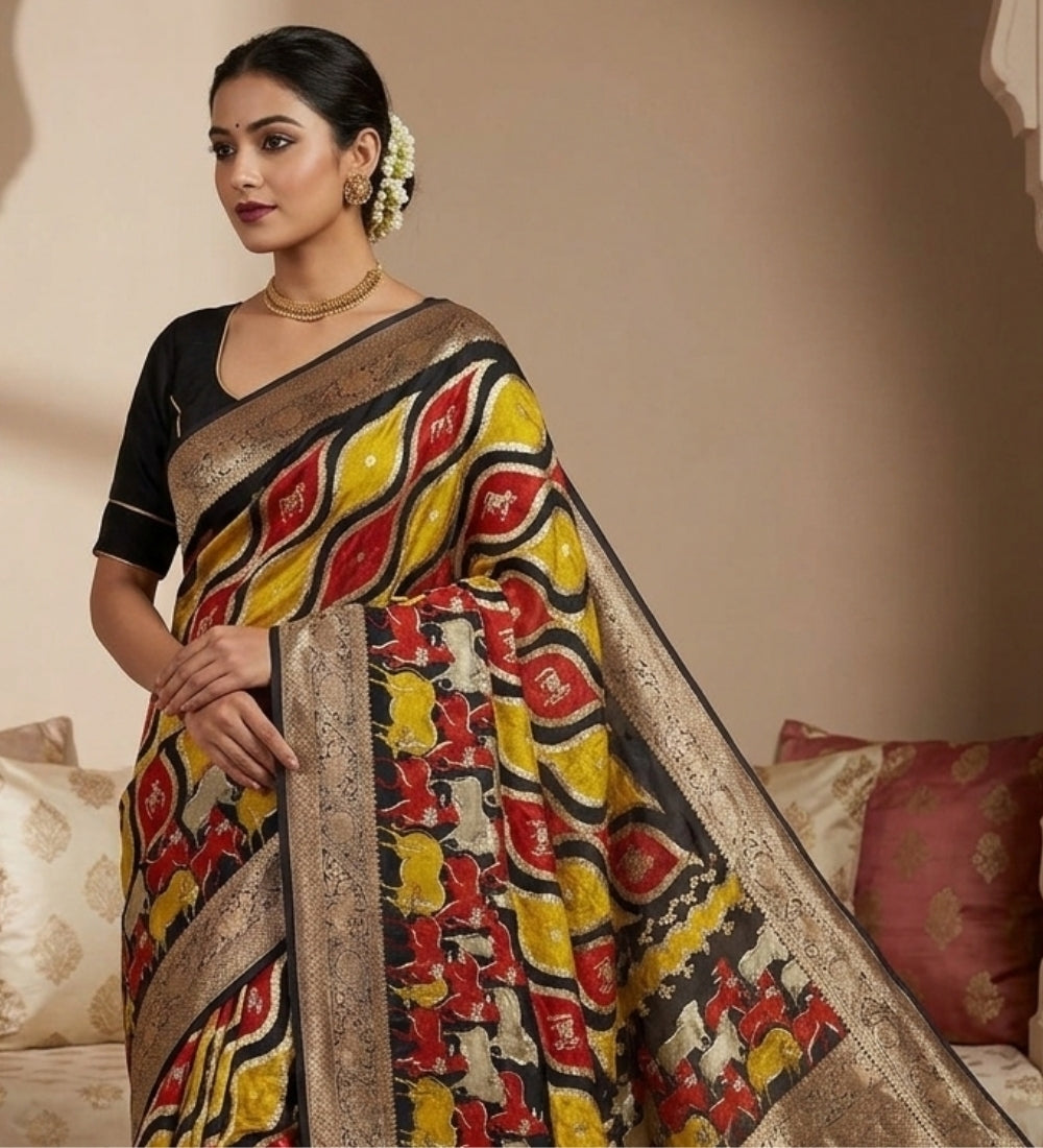 Women's Art Silk Kalamkari Printed Saree With Unstitched Blouse - 5.5 Mtr (Multicolor) - POPNOVA saree