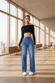 Women's High-Waist Wide-Leg Non-Stretch Jeans - POPNOVA