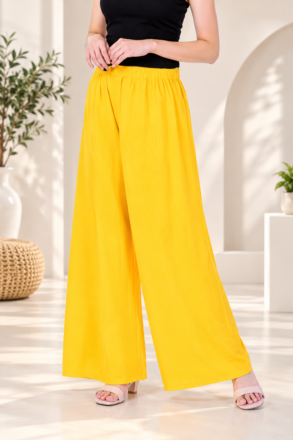Women's Casual Rayon Solid Ankle Length Palazzo (Yellow , Free Size)