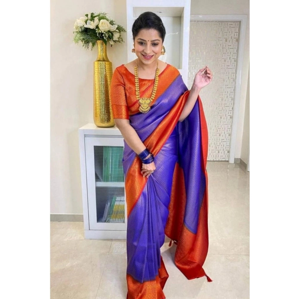 Women's Soft Lichi Silk Printed Saree With Unstitched Blouse 5.5 Mtr (Blue)